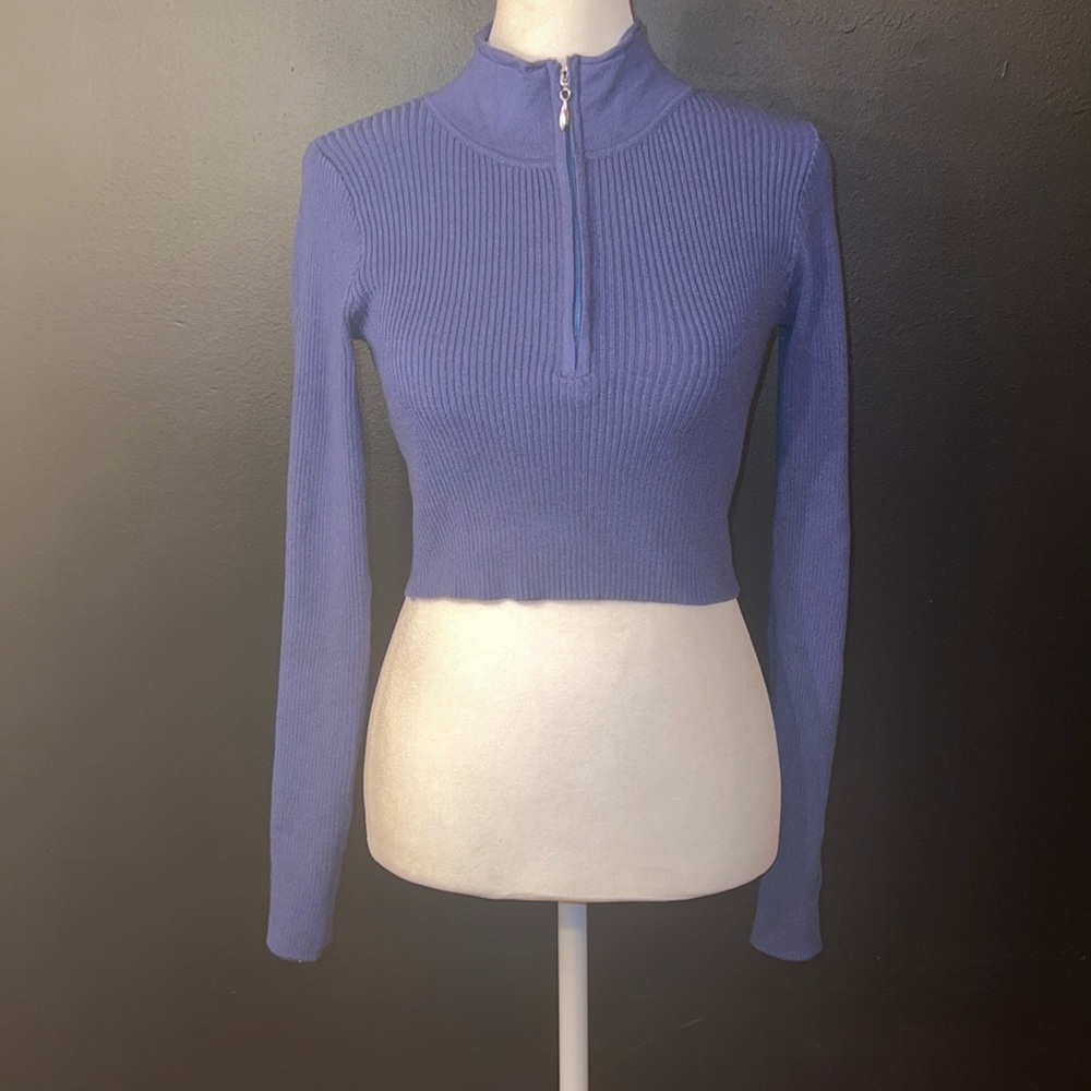 NWOT Shein blue ribbed quarter zip cropped long sleeve